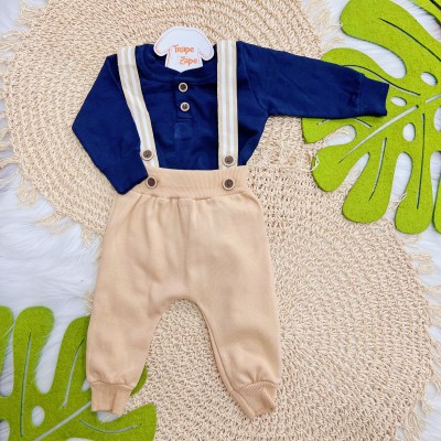 Conj. Body Manga Longa e Calça Saruel com Suspensório - Marinho